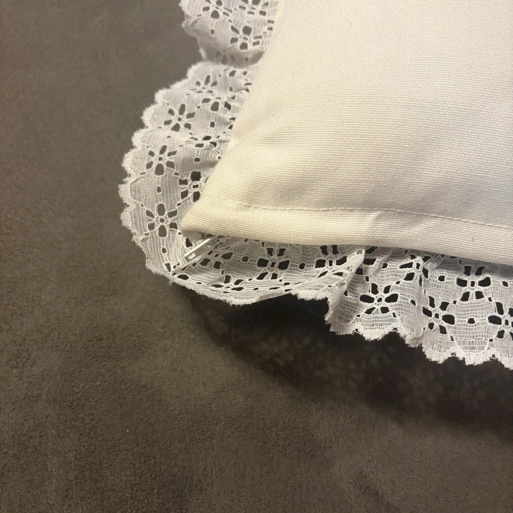VTG Handmade Throw Pillow Cream Floral Cross Stitch Lace Trim Cottagecore Granny